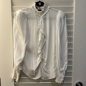 Zara white long sleeve blouse with ruffle and smocked collar and cuffs